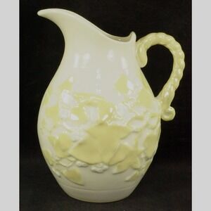 Vtg Irish Belleek Pitcher Embossed Lustrous Ivy & Berries Design Cream Yellow 6"
